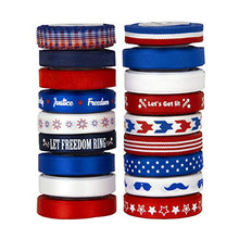 VATIN 18 Rolls Patriotic Ribbons 4th of July Printed Grosgrain Ribbons Polyester Satin Ribbon Sheer Organze Ribbon 3/8" Wide for Gift Wrapping DIY Crafts (Red White Blue)-100 Yards