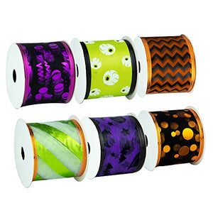 VATIN Halloween Ribbon Wired, Assorted Swirl Sheer Organza Glitter Ribbon for Halloween Crafts Gift Wrapping, Holiday Ribbons Halloween Design Decorations, (6 Roll x 6 yd) by 2.5 inch