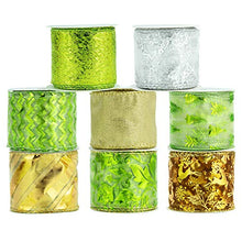 VATIN Christmas Wired Craft Ribbon, Holiday Party Assorted Organza, Lime Green Swirl Sheer Glitter Ribbon 48 Yards (Set of 8) by 2.5 Inch