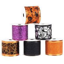 VATIN Wired Halloween Ribbon, Assorted Swirl Sheer Organza Glitter Crafts Gift Wrapping Holiday Ribbons Halloween Design Decorations, 36 Yards (6 Roll x 6 yd) by 2-1/2 inch