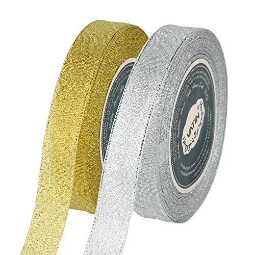 Glitter Metallic Gold Ribbon 1/4 25 Yards 2 Rolls, Sparkly Fabric Ribbon  Perfect for Crafts, Sewing, Gift Package Wrapping and Christmas