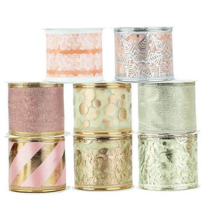 Vatin Christmas Tree Wrap Around Decor Ribbon, Craft Ribbon Wired, Blush Pink, Rose Gold Swirl Sheer Glitter Ribbon for Gift Wrapping 48 Yards (Set of 8) by 2.5 Inch.