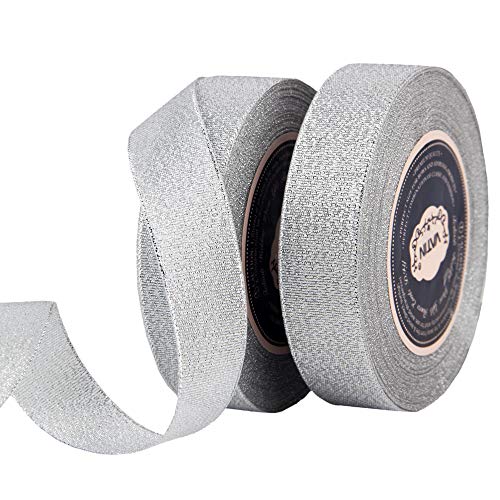 VATIN Glitter Metallic Silver Ribbon 1 inches Wide Sparkly Fabric Gorgeous Ribbon for Gift Crafters Wedding Party Brithday Wrap Hair Bows Floral Projects 25 Yards/Roll x 2 Rolls
