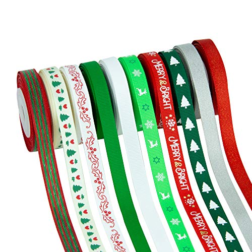 Travelwant Christmas Ribbon for Gifts, Grosgrain Satin Fabric Ribbon Set  for Xmas Gift Wrapping, Hair Bows Making, Craft Sewing 