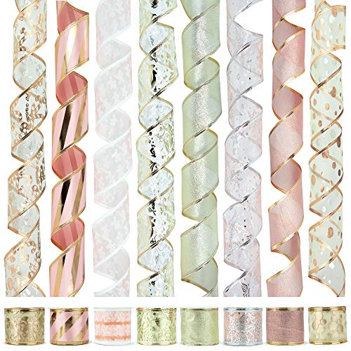 Vatin Christmas Tree Wrap Around Decor Ribbon, Craft Ribbon Wired, Blush Pink, Rose Gold Swirl Sheer Glitter Ribbon for Gift Wrapping 48 Yards (Set of 8) by 2.5 Inch.
