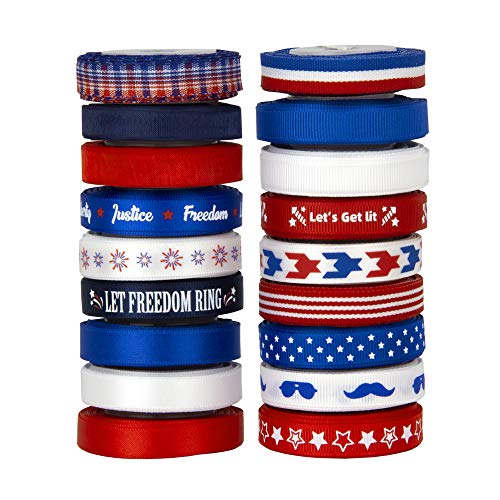 VATIN 18 Rolls Patriotic Ribbons 4th of July Printed Grosgrain Ribbons Polyester Satin Ribbon Sheer Organze Ribbon 3/8