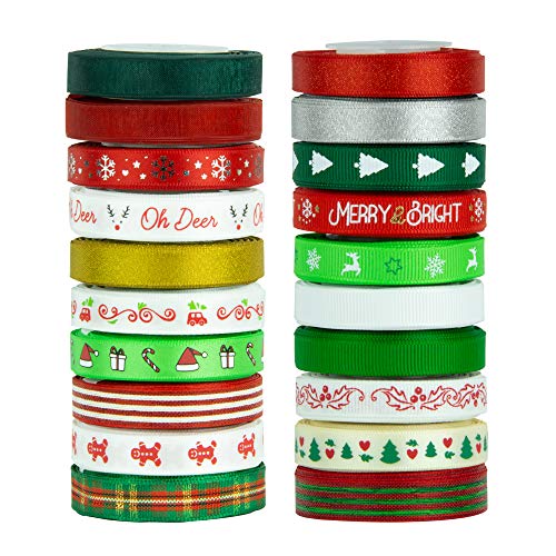 VATIN 20 Rolls 110 Yards Christmas Ribbons Printed Grosgrain Ribbon Polyester Satin Ribbon Sheer Organze Ribbon 3/8