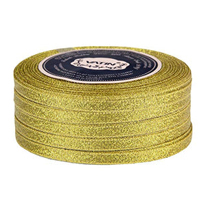 VATIN 5 Rolls 125-Yards Glitter Metallic Gold Ribbon 1/4 inches Sparkly Fabric Thin Ribbon for Gift Wrapping Wedding Party Brithday Floral Projects