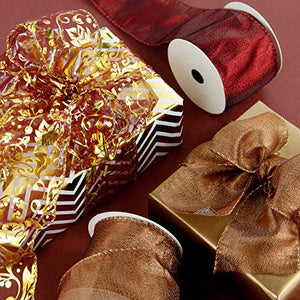 VATIN Christmas Tree Decorations Ribbon, Craft Ribbon Wired, Burgundy Red Gold Assorted Swirl Sheer Glitter Ribbon for Gift Wrapping 48 Yards (Set of 8) by 2.5 Inch