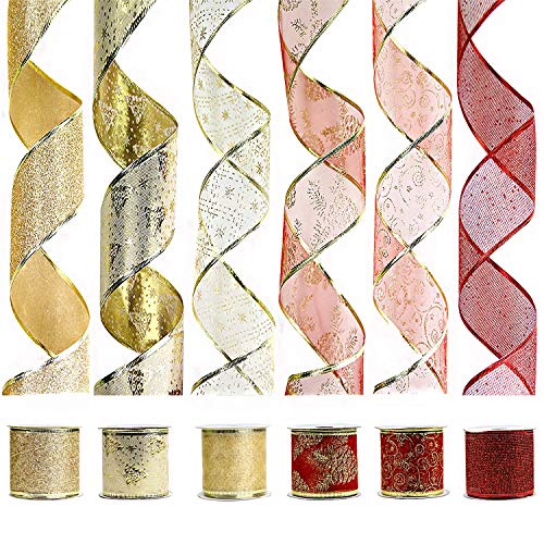 VATIN Wired Christmas Ribbon, Assorted Swirl Sheer Organza Glitter Crafts Gift Wrapping Festive Ribbons Christmas Design Decorations, 30 Yards (6 Roll x 5 yd) by 2-1/2